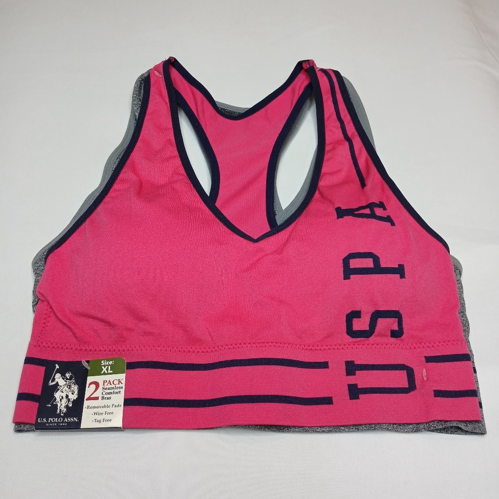 US Polo Assn 2 Pack Seamless Racerback Sports Bra XL Pink & Grey/Navy Remvb Pads